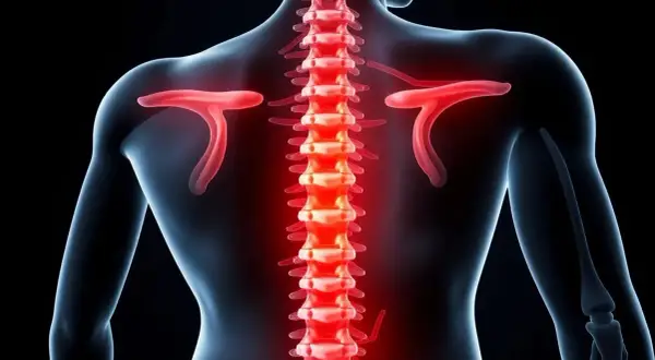 Rödglödgad ryggrad med l5 s1-området markerat, visar potentiell smärta eller inflammation i nedre delen av ryggen.