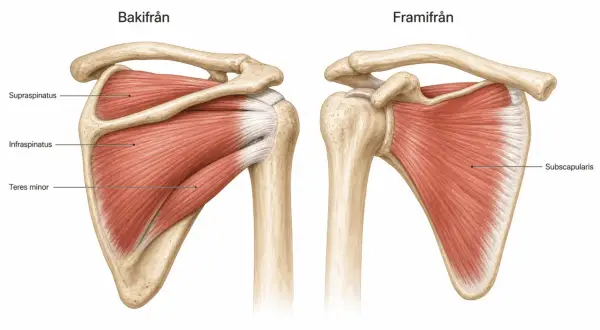 Illustration av axelns rotatorcuff-muskler, supraspinatus, infraspinatus, teres minor och subscapularis. Viktigt för att förstå rotator cuff syndrom.