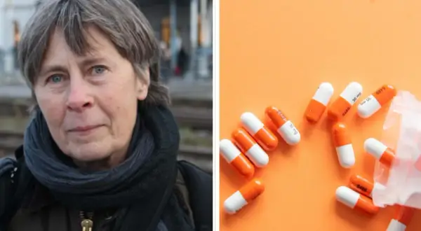 Kvinna med grått hår och blå ögon bredvid orangevita kapslar, som kan relateras till oxynorm halveringstid.