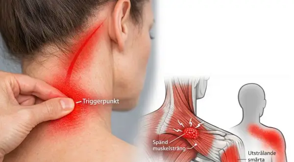 Bilden visar vad som är triggerpunkter i nacken och axeln, markerade med rött. En hand trycker på en öm punkt.