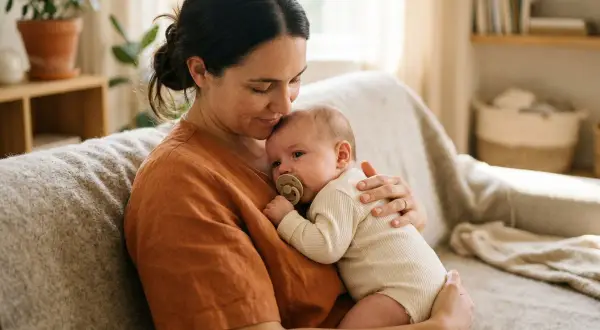Mamma tröstar sitt spädbarn med napp. Kanske hon undrar hur man får bort hicka?