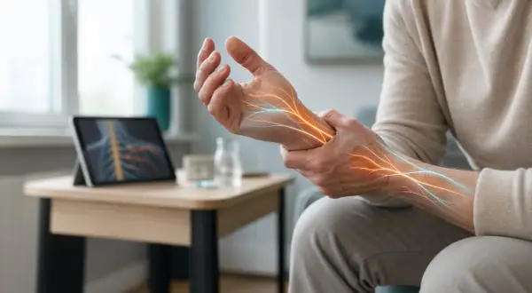 En person håller sin arm där nerverna lyser orange och blått, vilket symboliserar smärta och en möjlig nervblockad.
