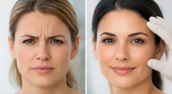 Före- och efterbilder på en kvinna. Till vänster syns rynkor och en bekymrad min, möjligen relaterat till huvudvärk av botox. Till höger, efter behandling, är ansiktet slätare och leende.