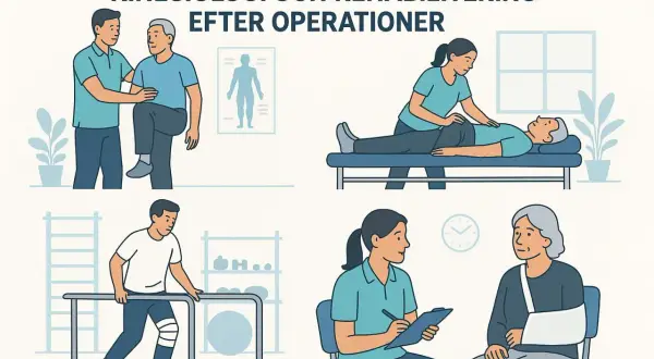 Kinesiologi och rehabilitering efter operationer. Bilden visar olika övningar och behandlingar som hjälper till med mobilisering.