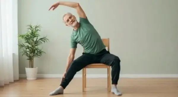 Äldre man med grått hår och skägg sitter på en stol och sträcker sig åt sidan. Han verkar ha dålig balans när han gör övningen.