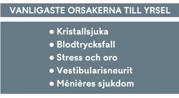 Vanligaste orsakerna till yrsel: Kristallsjukan, blodtrycksfall, stress och oro, vestibularisneurit, Ménières sjukdom.
