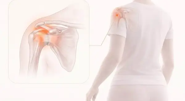 Illustration av en axel med inflammation, som visar en impingement test. Rött markerar smärtområdet.