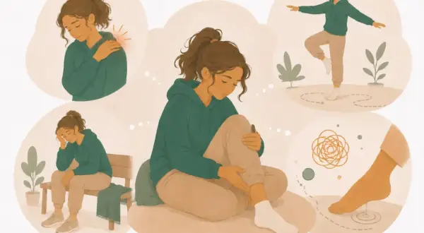 Illustration visar en ung kvinna som upplever olika symtom, som axelvärk, trötthet och svullnad i foten. Hon tänker på träning och balans.