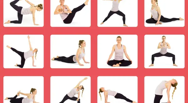En kvinna utför olika yogaövningar i ett rutnät. Ett komplett yoga program för flexibilitet och styrka.