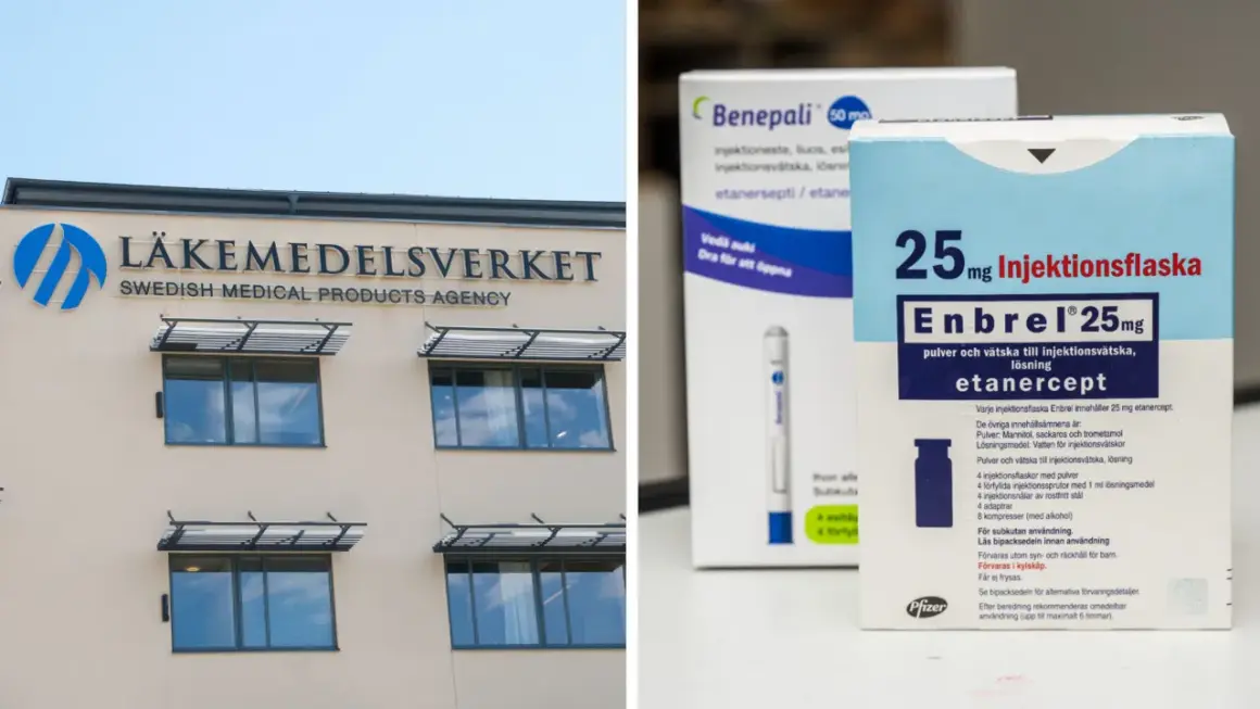 Läkemedelsverkets byggnad och förpackningar med biologisk medicin, som Enbrel.
