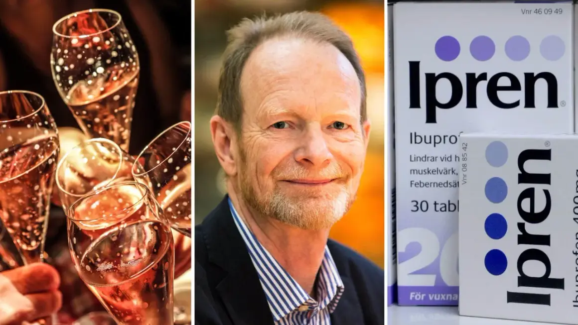 Champagneglas, en man och en låda med Ipren. Kanske en tanke på att inte överdriva med doxyferm alkohol för att slippa värk.