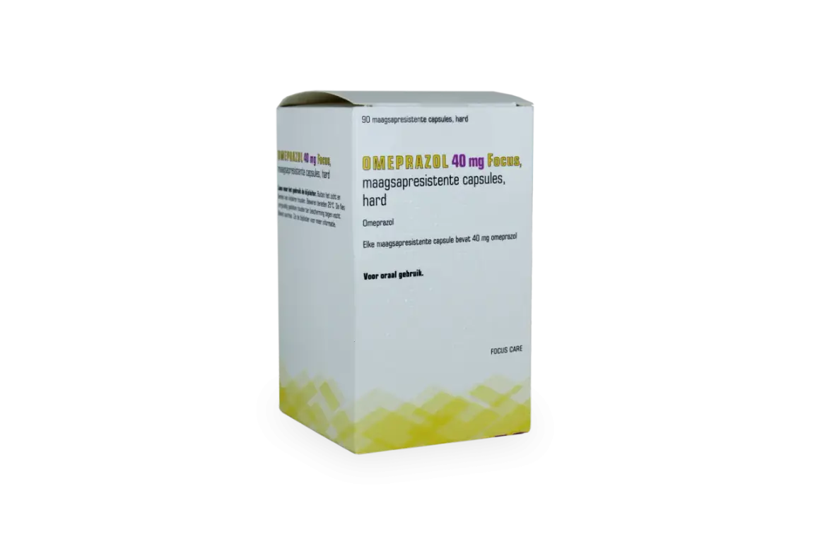 En låda med Omeprazol 40 mg Focus, magresistenta kapslar. Kan hjälpa mot illamående.