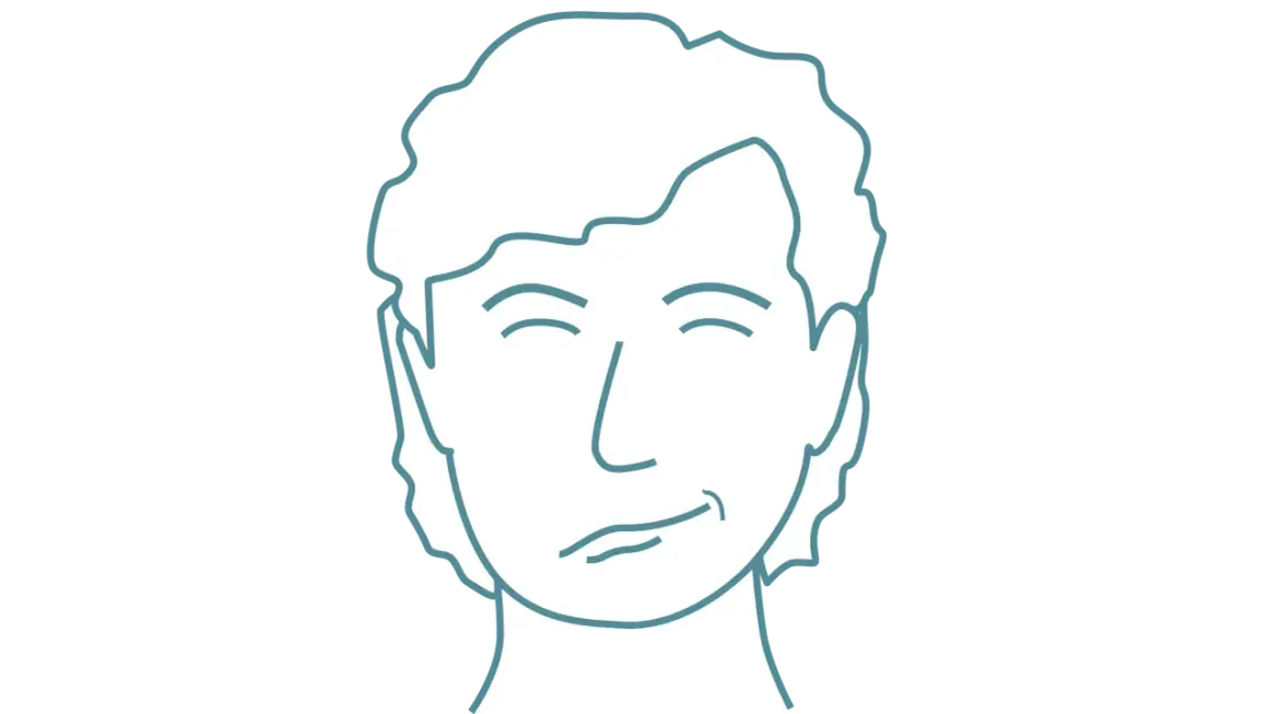 Enkel illustration av ett ansikte med slutna ögon och en snett leende mun, som visar tecken på perifer facialispares.