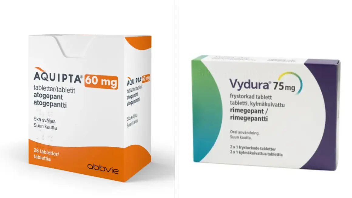 Två förpackningar med läkemedel mot migrän: Aquipta 60 mg och Vydura 75 mg.