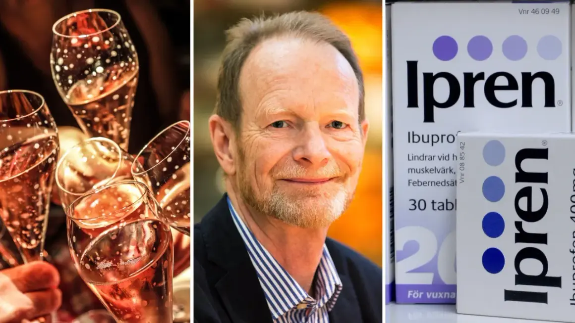 En man ler, bredvid champagneglas och en låda med Ipren. Kanske en påminnelse om att njuta av livet, men också att ha lindring som diklofenak och Ipren till hands.
