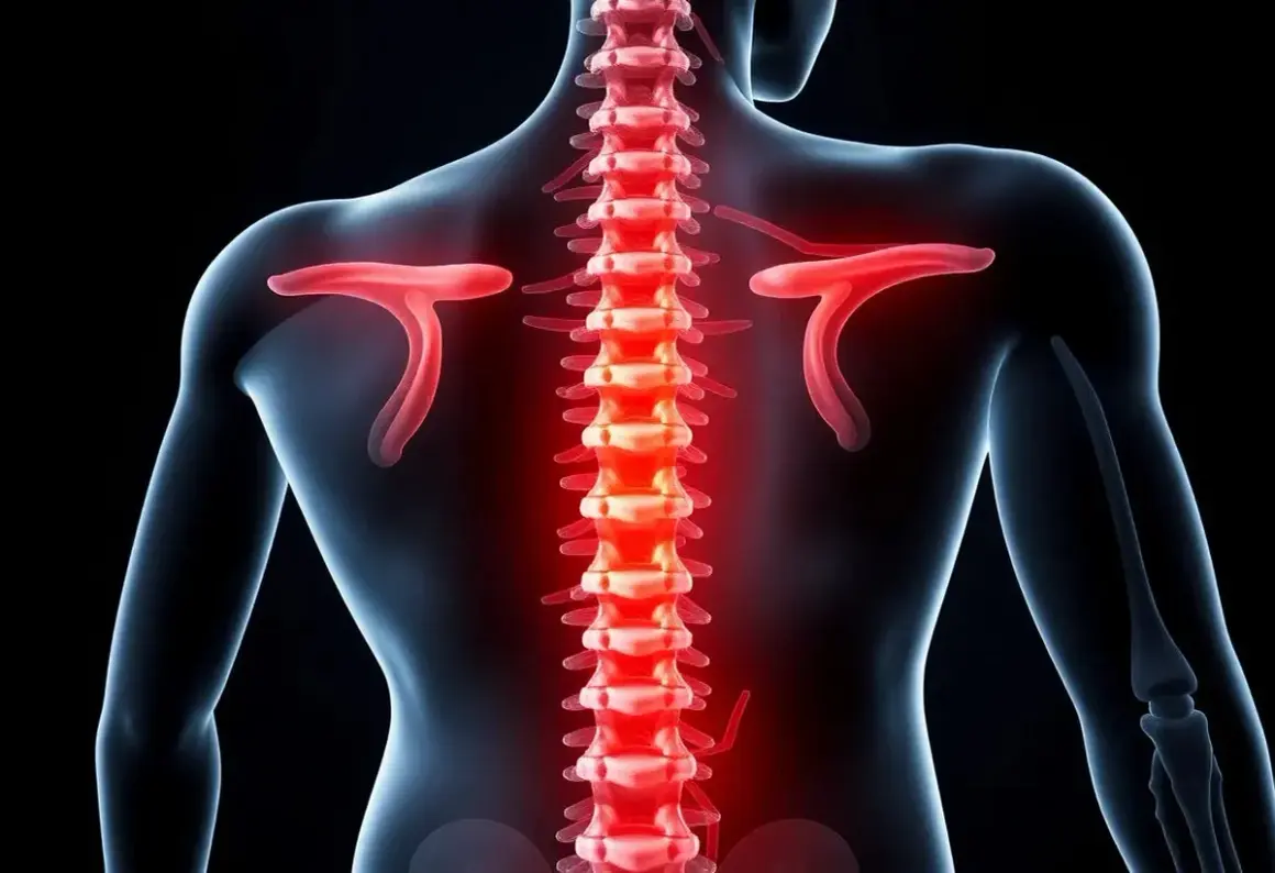 Rödglödgad ryggrad med l5 s1-området markerat, visar potentiell smärta eller inflammation i nedre delen av ryggen.