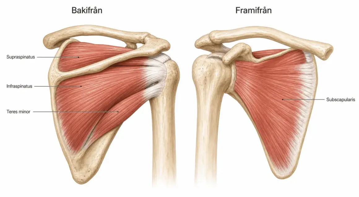 Illustration av axelns rotatorcuff-muskler, supraspinatus, infraspinatus, teres minor och subscapularis. Viktigt för att förstå rotator cuff syndrom.
