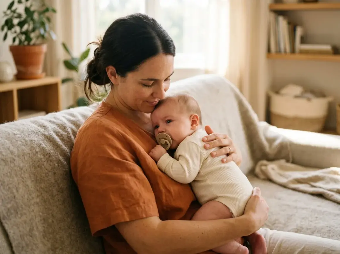 Mamma tröstar sitt spädbarn med napp. Kanske hon undrar hur man får bort hicka?