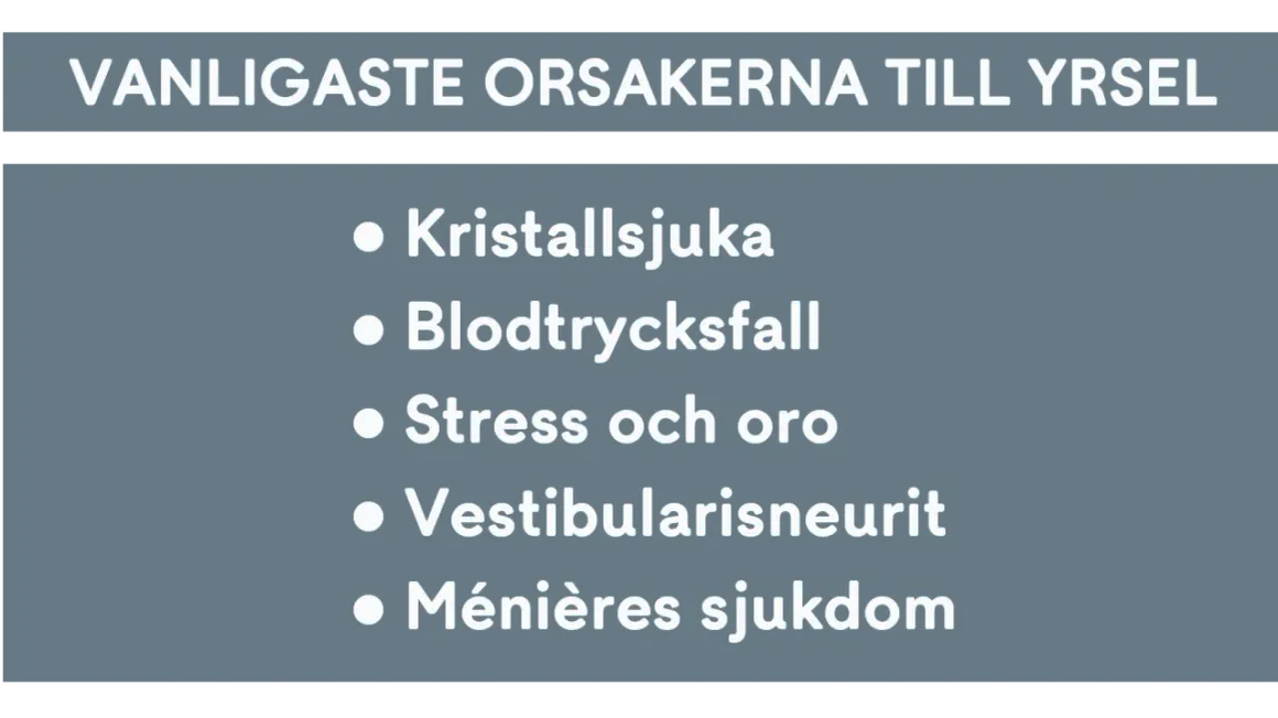 Vanligaste orsakerna till yrsel: Kristallsjukan, blodtrycksfall, stress och oro, vestibularisneurit, Ménières sjukdom.
