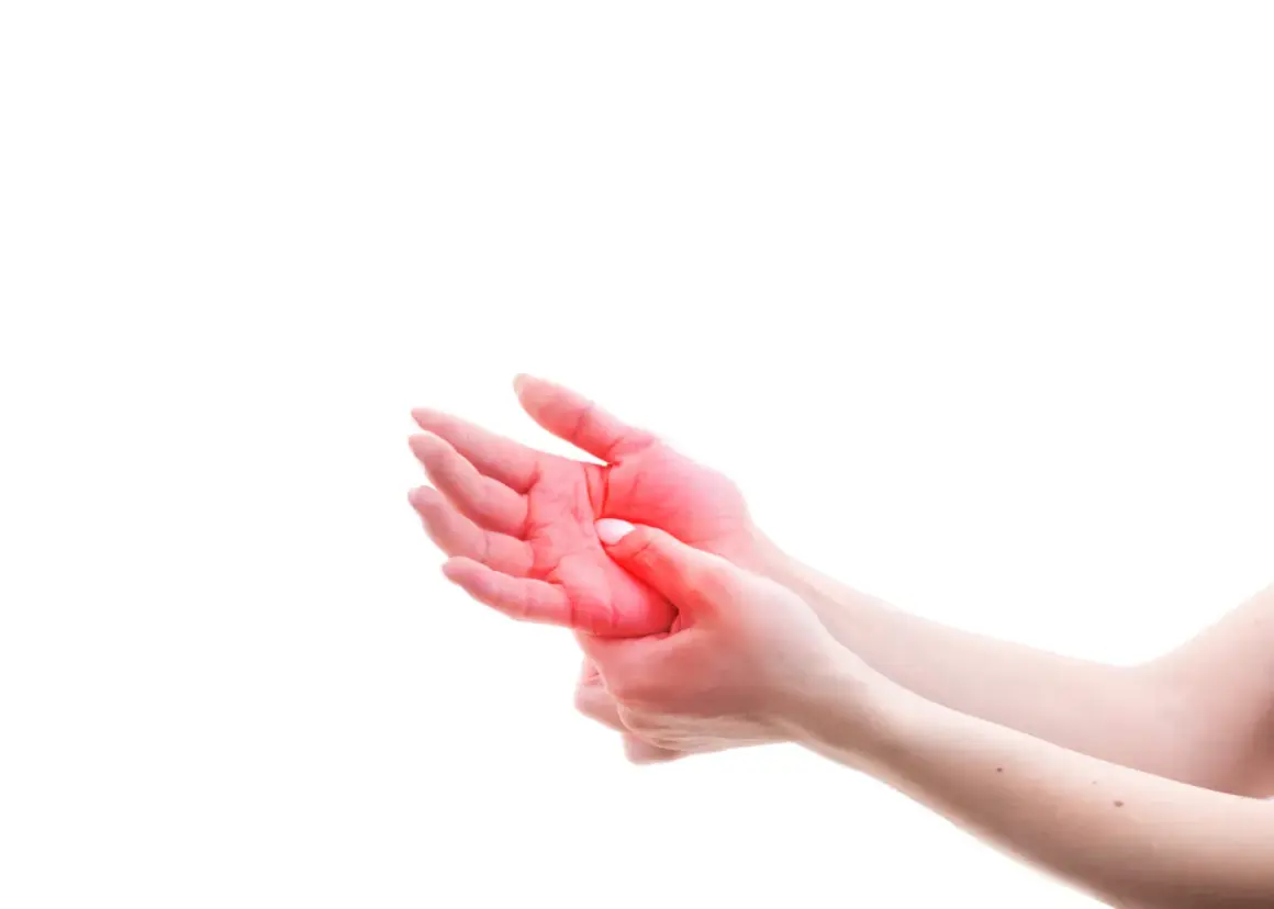 Close-up of hands with red highlighting on the palm, indicating pain or discomfort.