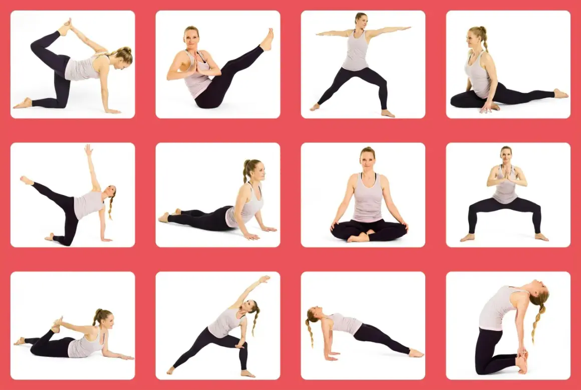 En kvinna utför olika yogaövningar i ett rutnät. Ett komplett yoga program för flexibilitet och styrka.