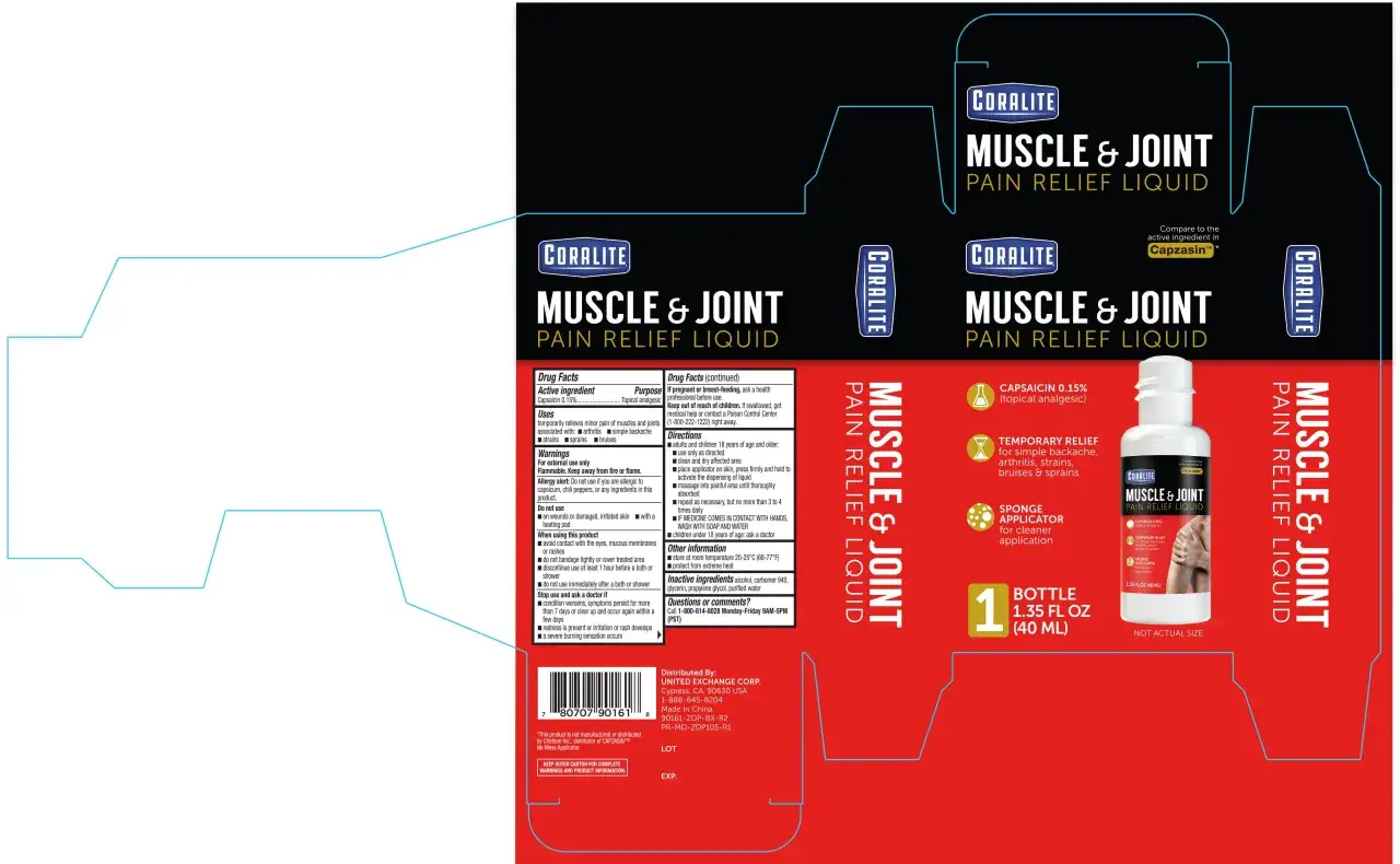 Flaska med Coralite Muscle & Joint Pain Relief Liquid, en topikal analgetika för lindring av muskel- och ledvärk.