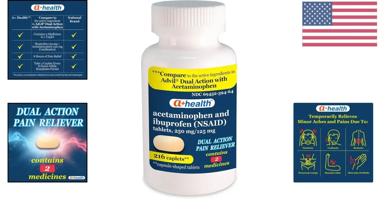 A+ Health Dual Action smärtlindring med ibuprofen och paracetamol, liknande naproxen och alvedon, lindrar värk.