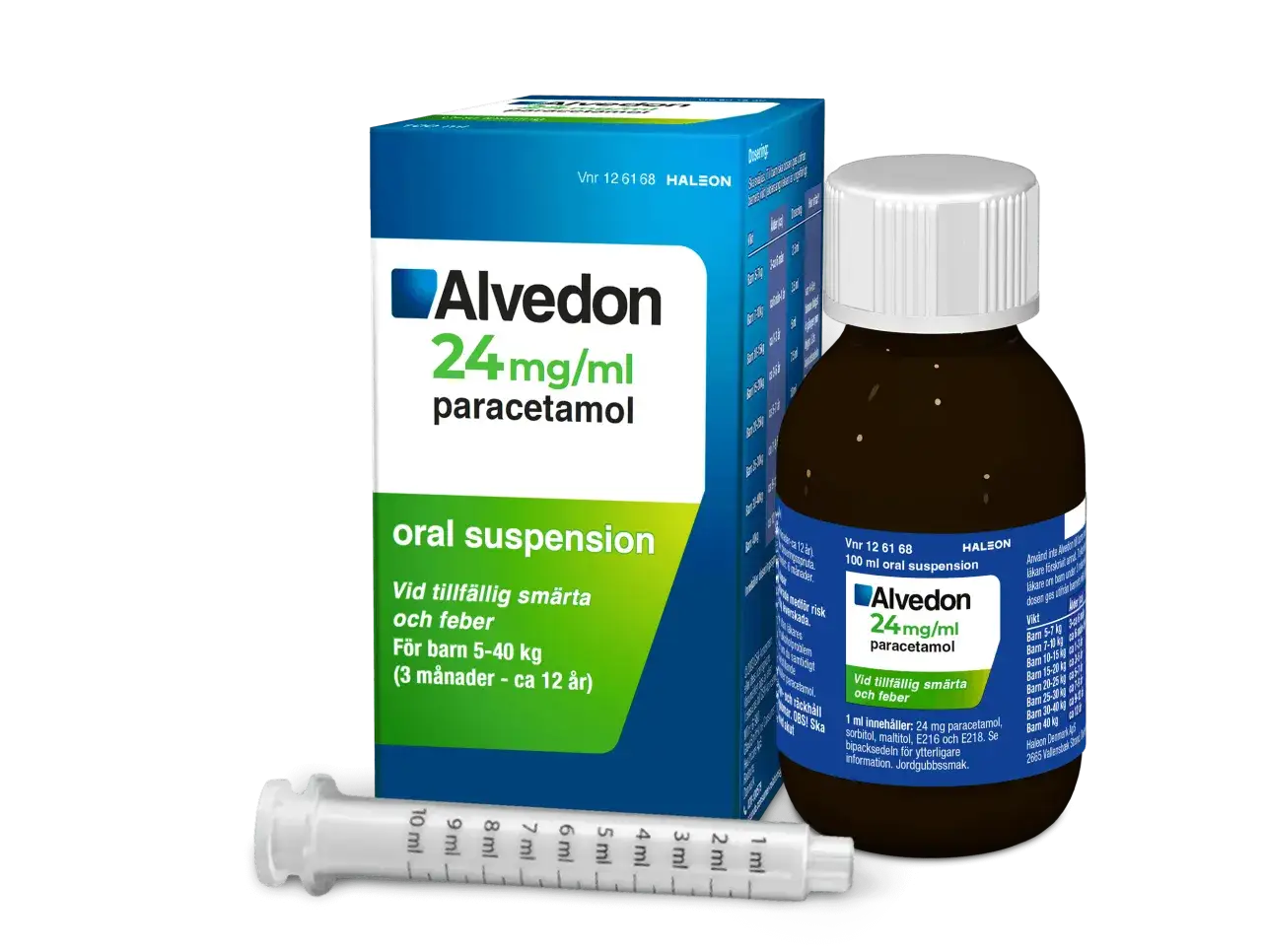 Snabbverkande Alvedon oral suspension för barn mot smärta och feber. Innehåller paracetamol.