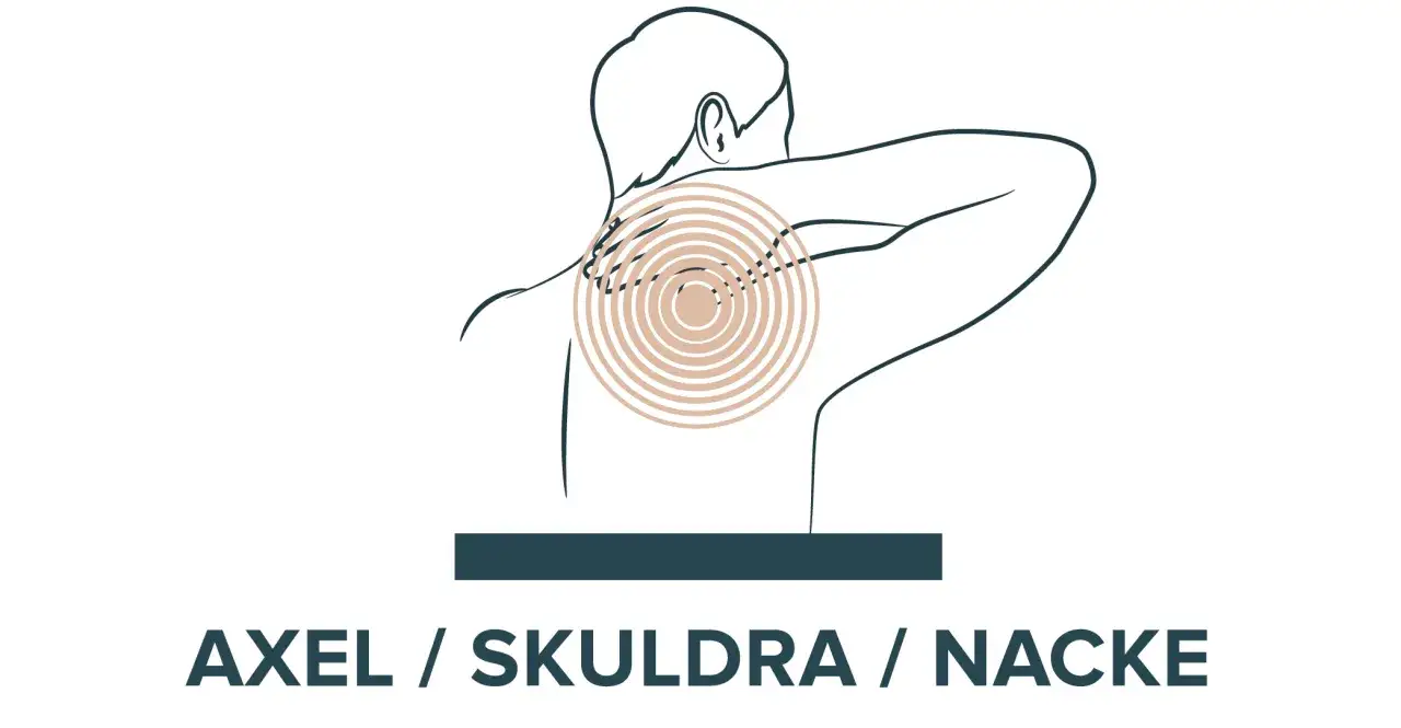 Illustration av en person med smärta i nacken och axlarna, som kan vara symtom på kronisk spänningshuvudvärk.