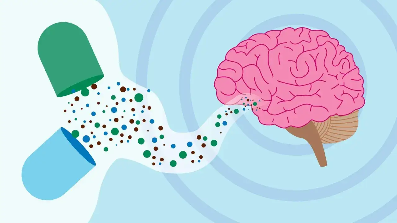 En kapsel släpper ut små prickar som når en rosa hjärna, vilket symboliserar serotonin medicin.