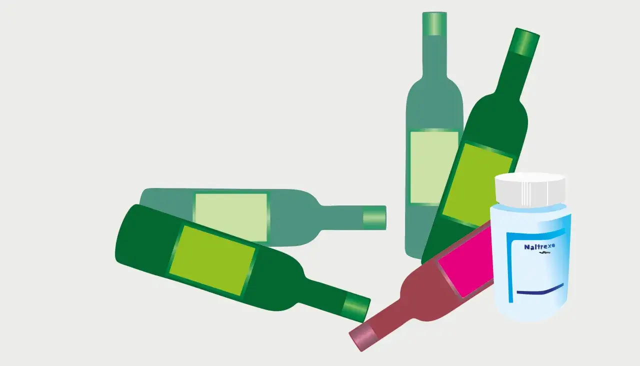 Flera vinflaskor och en burk Naltrexone, som kan användas vid behandling av alkoholberoende.