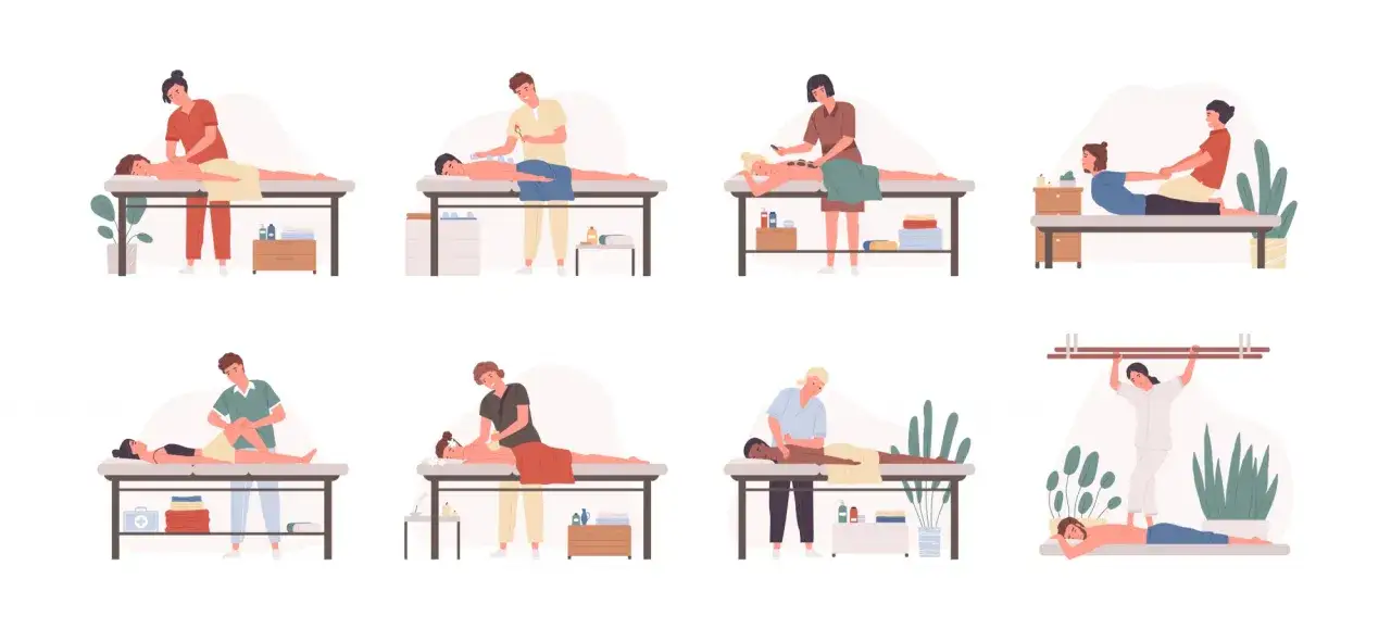 Illustrationer visar olika typer av massage, som svensk klassisk, stenmassage och thaimassage.