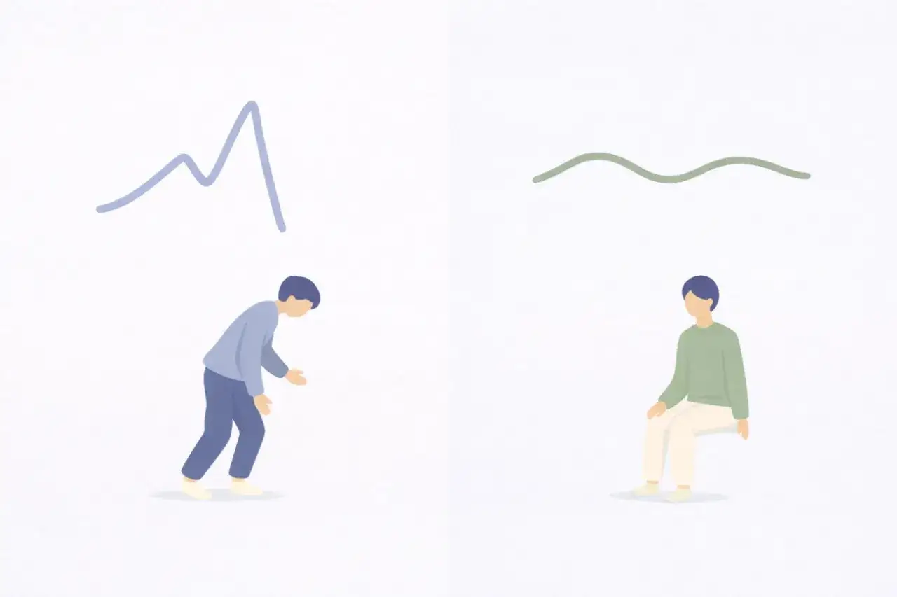 Två personer, en som gestikulerar under en taggig linje, den andra sitter lugnt under en böljande linje. Symboliserar kanske utmaningar med en neurologisk sjukdom.