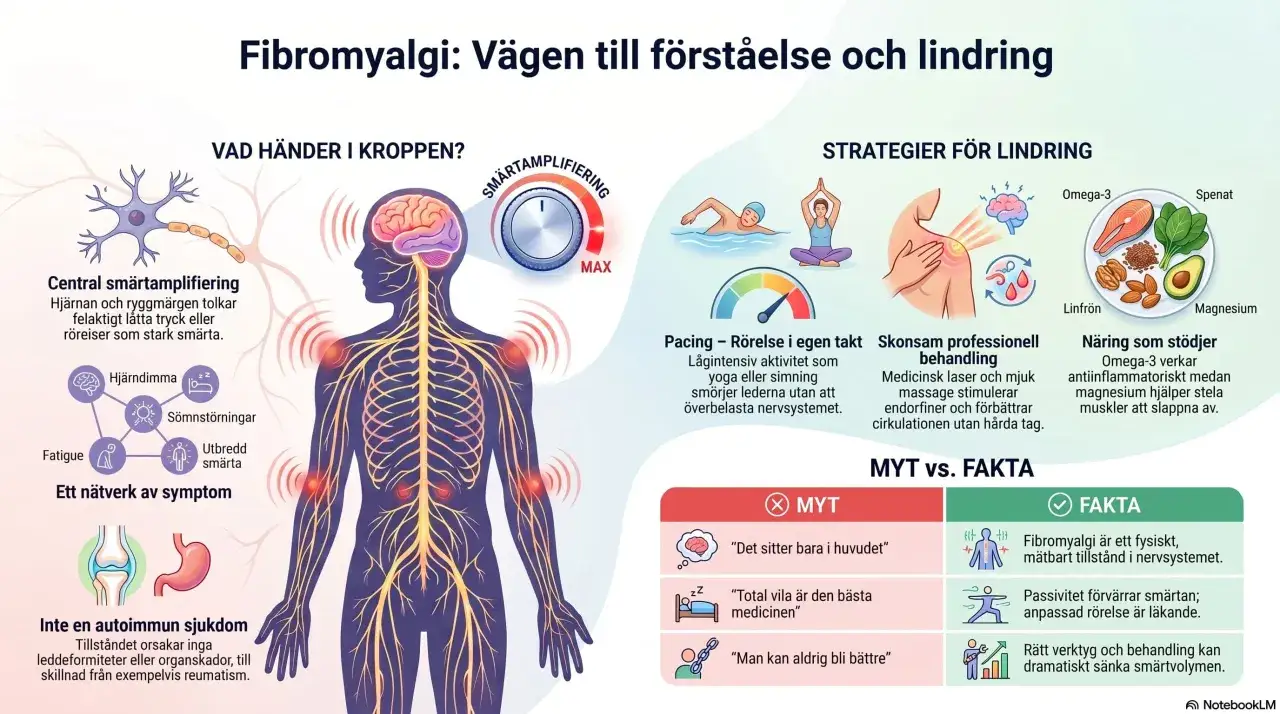 Bilden visar fibromyalgi, med fokus på smärtlindring vid nervsmärta. Den illustrerar symtom, strategier för lindring och myter vs. fakta.