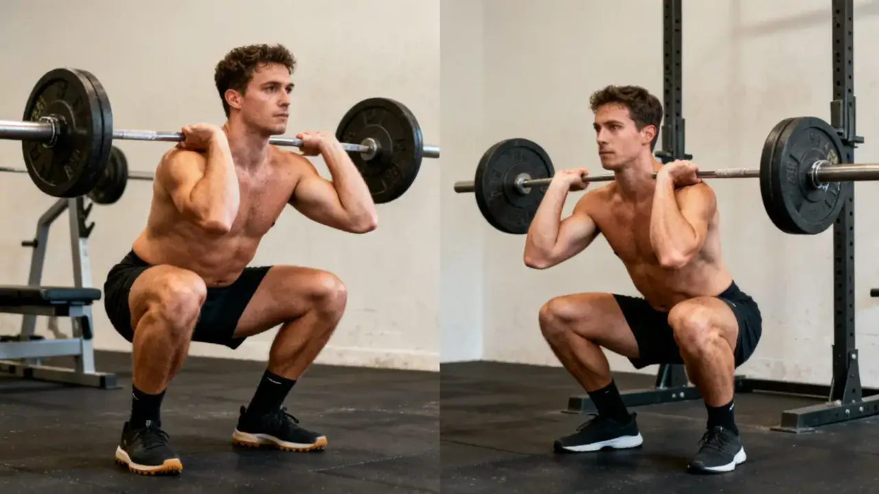 Man utför squats med vikt. Han är barbröstad och har en skivstång på axlarna.