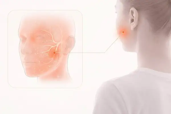 Illustration visar nerver i ansiktet, med en röd markering som indikerar stickningar i ansiktet runt munnen.