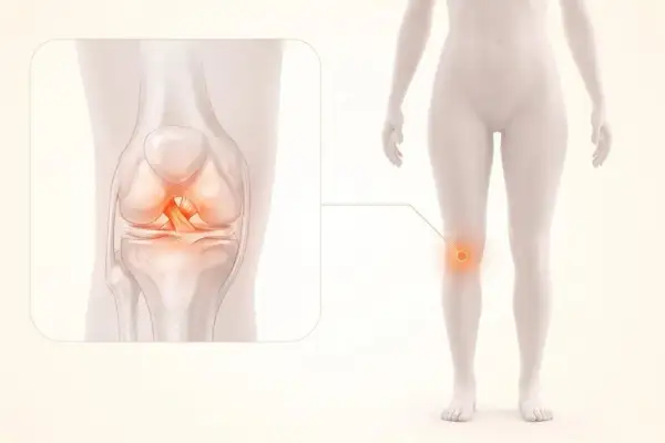 Illustration av ett knä med en skadad korsband, som visar vikten av korsbandsskada rehab för återhämtning.