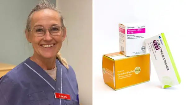 En leende läkare bredvid förpackningar med antidepressiva läkemedel som Citalopram och Sertralin.