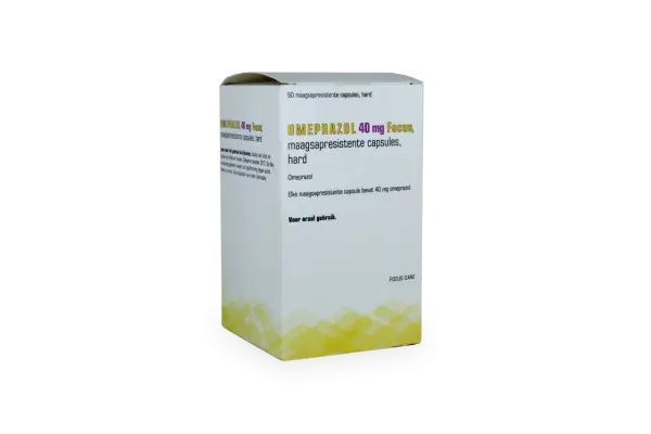 En låda med Omeprazol 40 mg Focus, magresistenta kapslar. Kan hjälpa mot illamående.