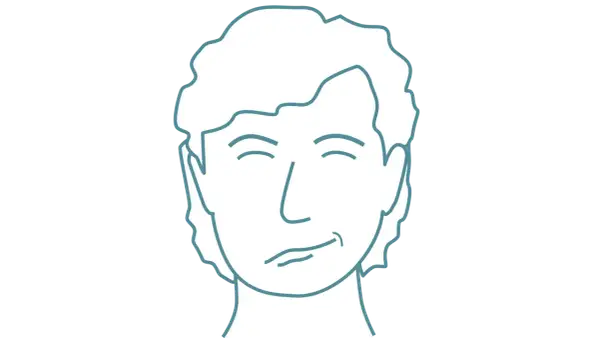 Enkel illustration av ett ansikte med slutna ögon och en snett leende mun, som visar tecken på perifer facialispares.