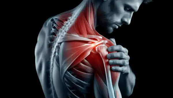 Man med smärta i axeln, illustrerar behovet av frozen shoulder behandling. Muskler och leder lyser rött av inflammation.