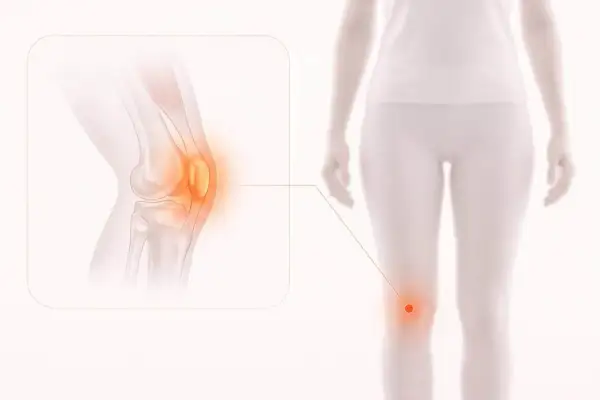 Illustration av ett knä med en inflammerad bursit. En linje pekar från det inflammerade området på knät till en person som håller handen över sitt knä.