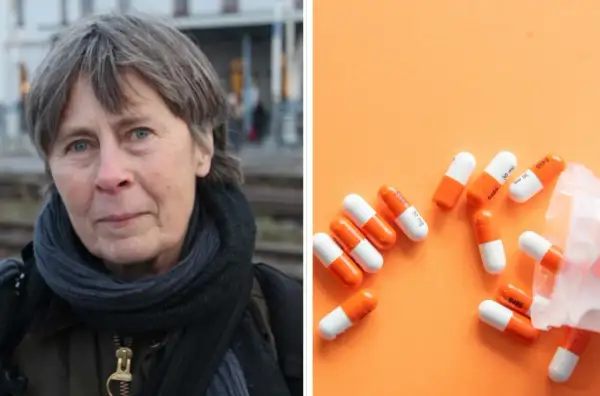 Kvinna med grått hår och blå ögon bredvid orangevita kapslar, som kan relateras till oxynorm halveringstid.