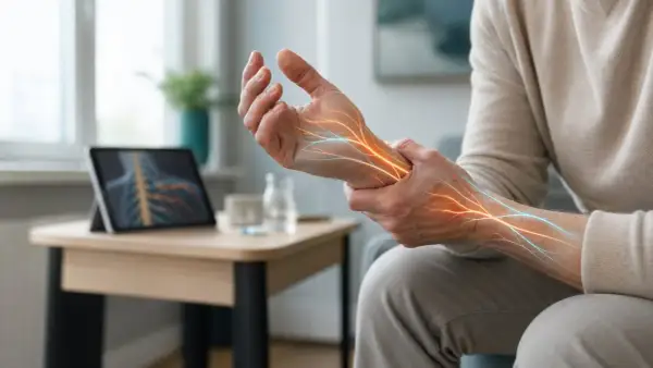 En person håller sin arm där nerverna lyser orange och blått, vilket symboliserar smärta och en möjlig nervblockad.