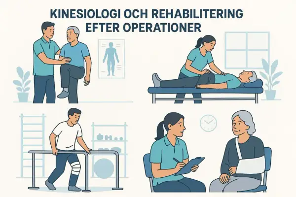 Kinesiologi och rehabilitering efter operationer. Bilden visar olika övningar och behandlingar som hjälper till med mobilisering.