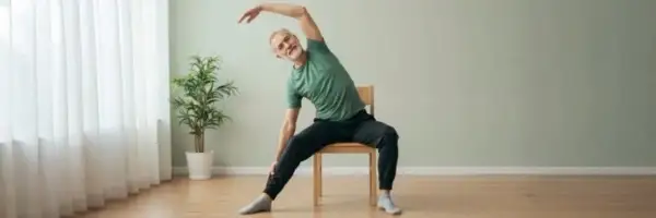 Äldre man med grått hår och skägg sitter på en stol och sträcker sig åt sidan. Han verkar ha dålig balans när han gör övningen.