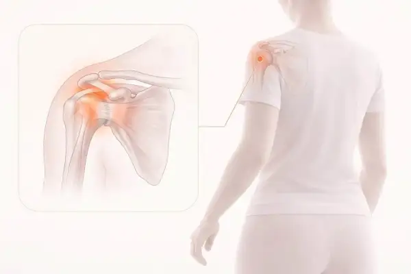Illustration av en axel med inflammation, som visar en impingement test. Rött markerar smärtområdet.
